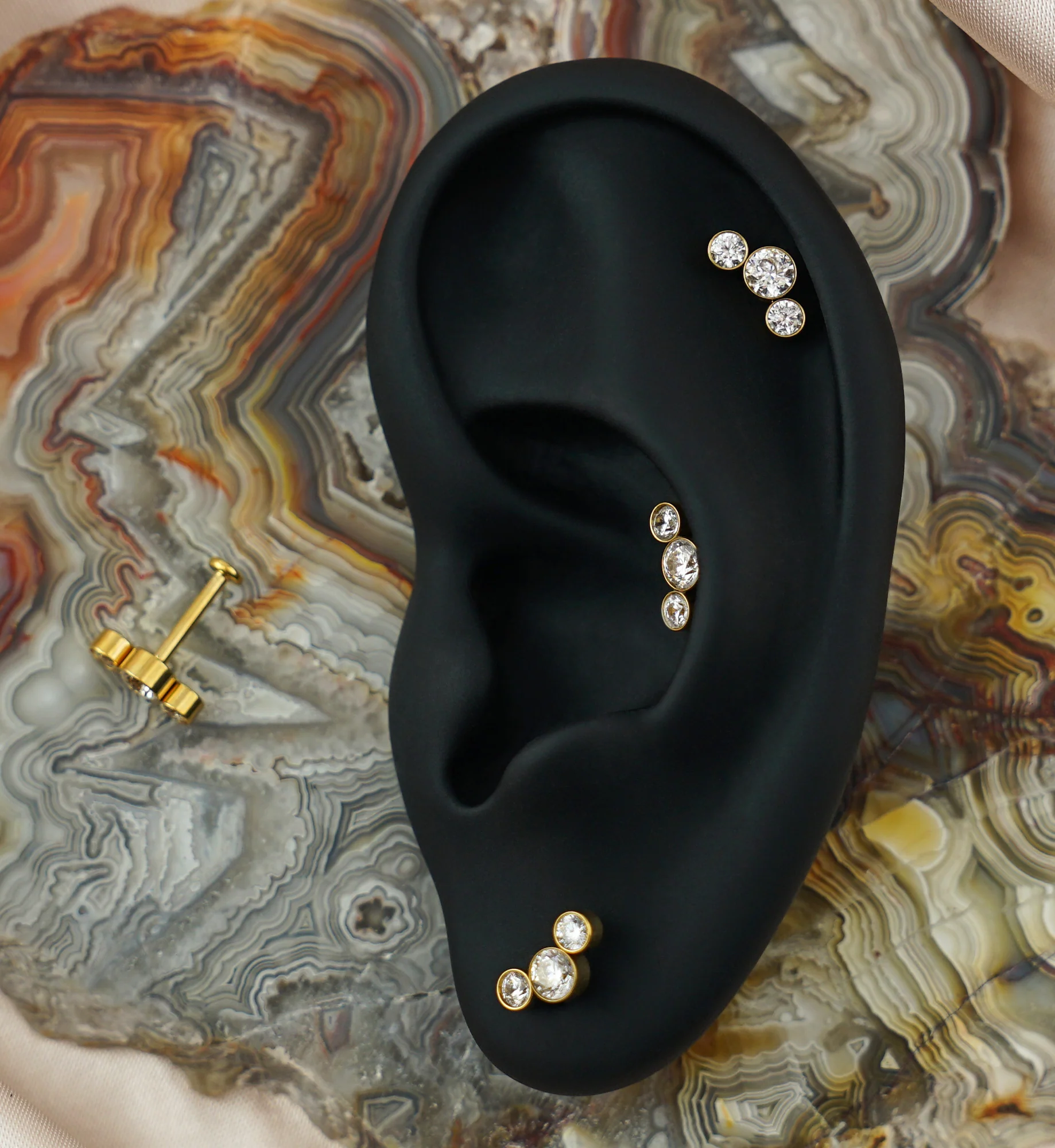 Gold PVD Triple Clear CZ Titanium Threadless Labret - Image 2