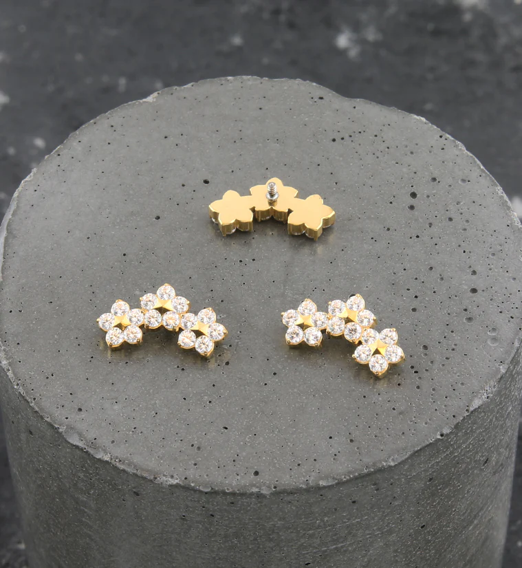 Gold PVD Triple Flower Clear CZ Internally Threaded Titanium Top - Image 2