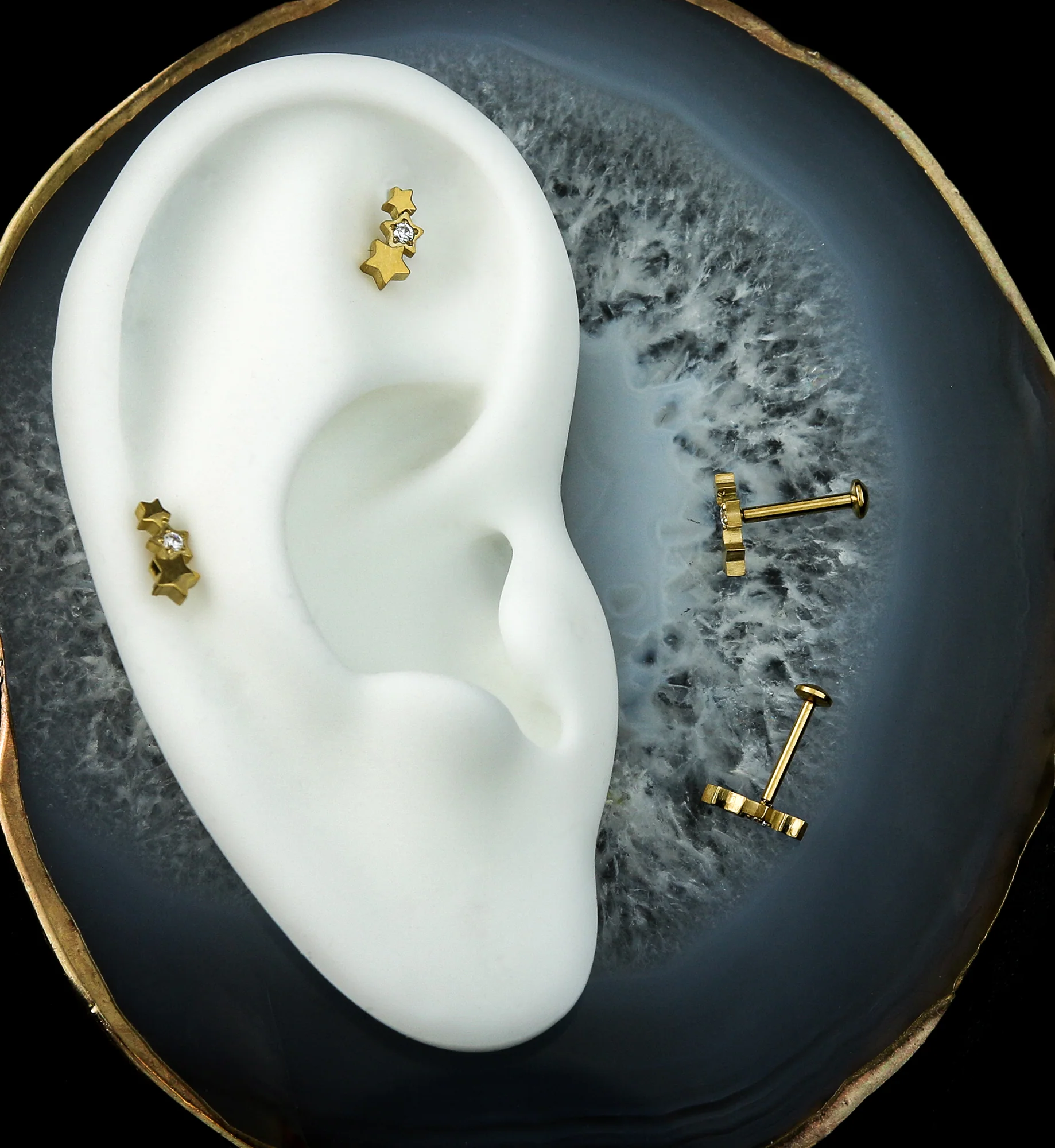 Gold PVD Triple Star Clear CZ Stainless Steel Convex Back Threadless Labret - Image 2