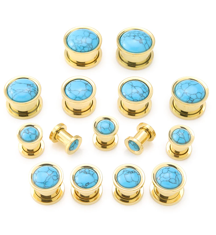 Gold PVD Howlite Turquoise Stone Stainless Steel Plugs - Image 2