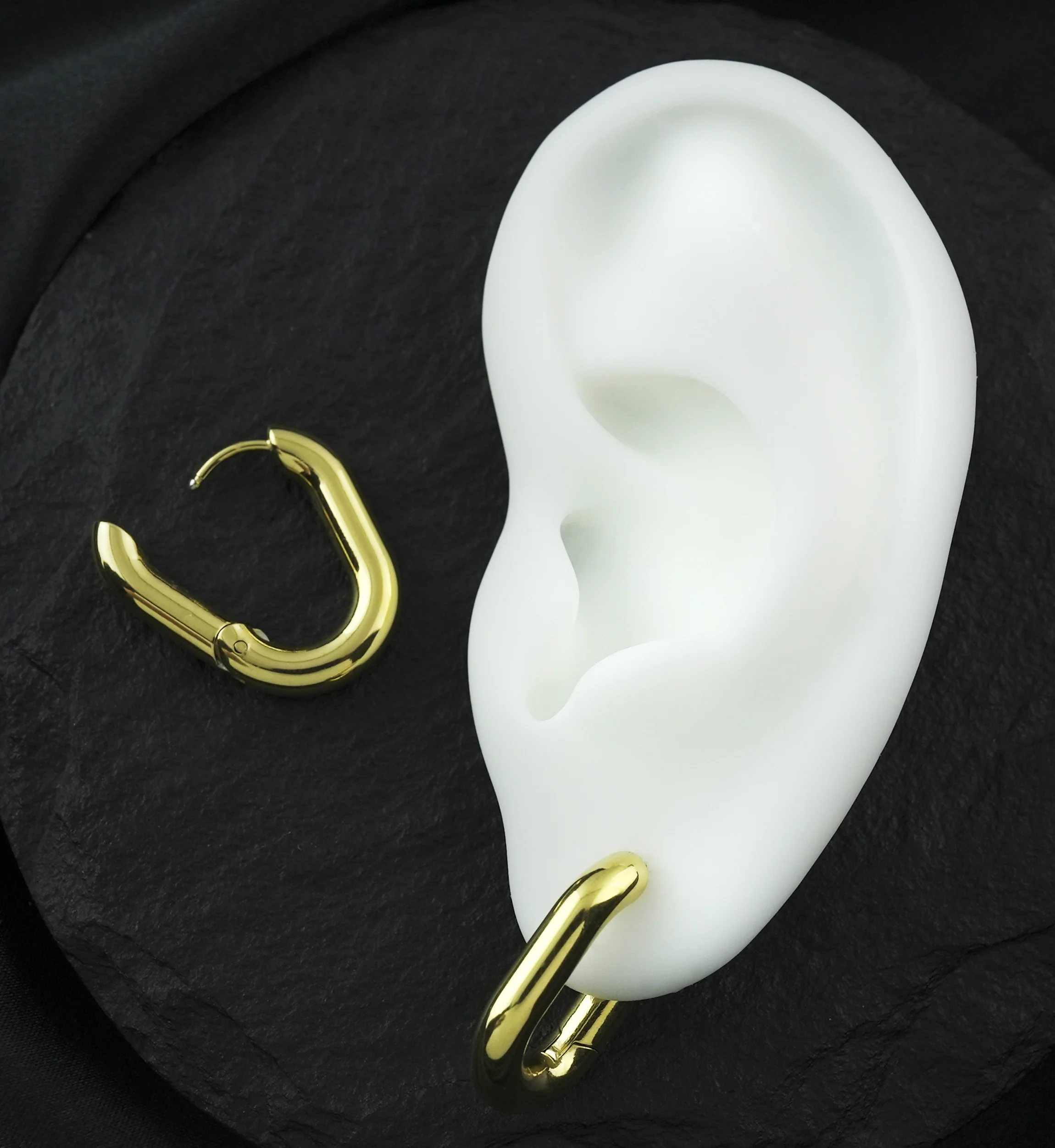 Gold PVD Ovate Stainless Steel Hinged Hoop Huggie Earrings - Image 2