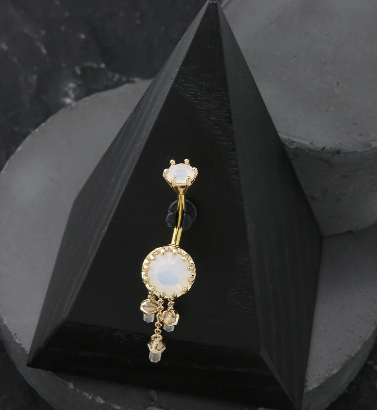 Gold PVD White Opalite Crystal Dangle Stainless Steel Belly Button Ring - Image 2