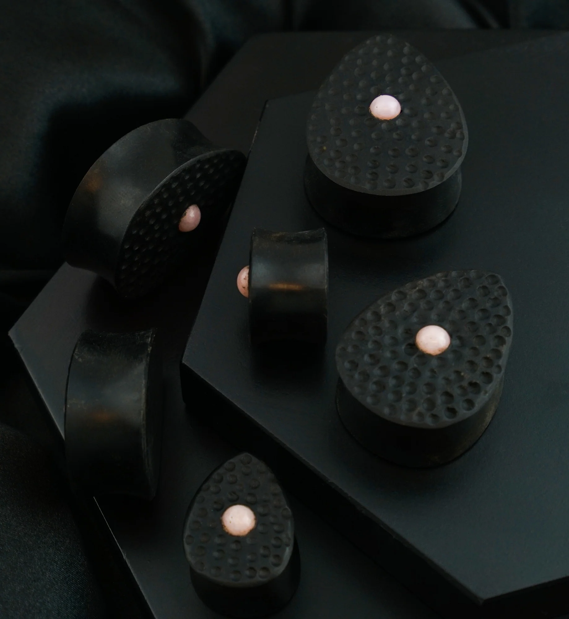 Hammered Areng Wood Teardrop Plugs with Pink Opalite Inlay - Image 2