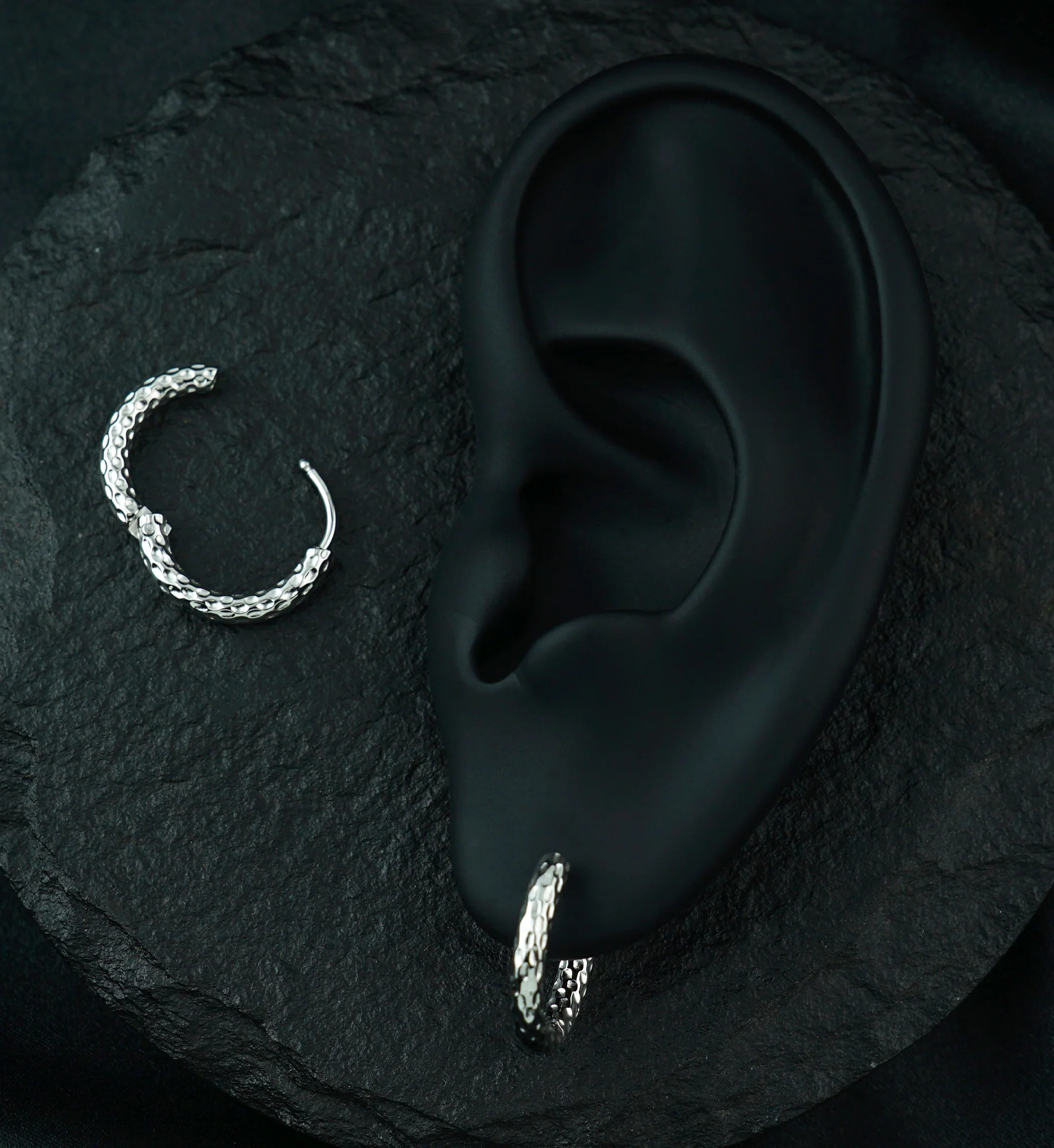 Hammered Stainless Steel Hinged Hoop Huggie Earrings - Image 2
