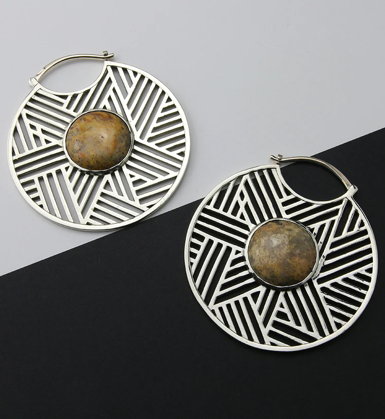 Haphazard Crazy Lace Agate Stone White Brass Ear Weights - Image 2