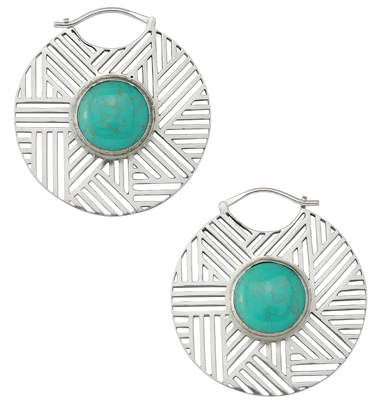 Haphazard Howlite Turquoise Stone White Brass Ear Weights - Image 2
