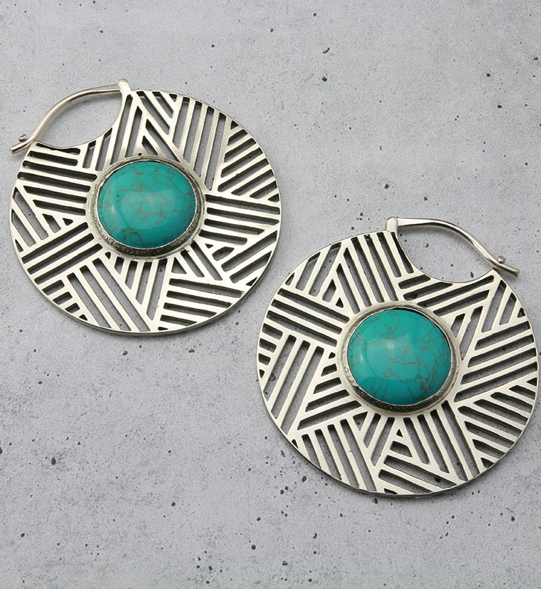 Haphazard Howlite Turquoise Stone White Brass Ear Weights - Image 4