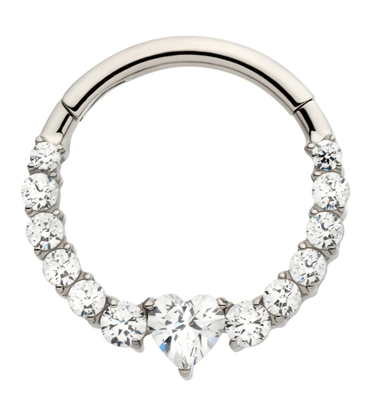 Heart Icicle Clear CZ Titanium Hinged Segment Ring