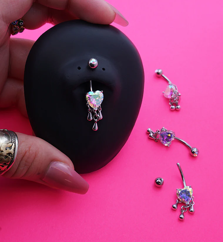 Heart Rainbow Aurora CZ Dangle Drops Stainless Steel Belly Button Ring - Image 2