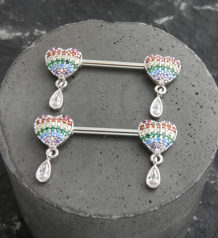Heart Rainbow CZ Dangle Stainless Steel Nipple Barbell - Image 2
