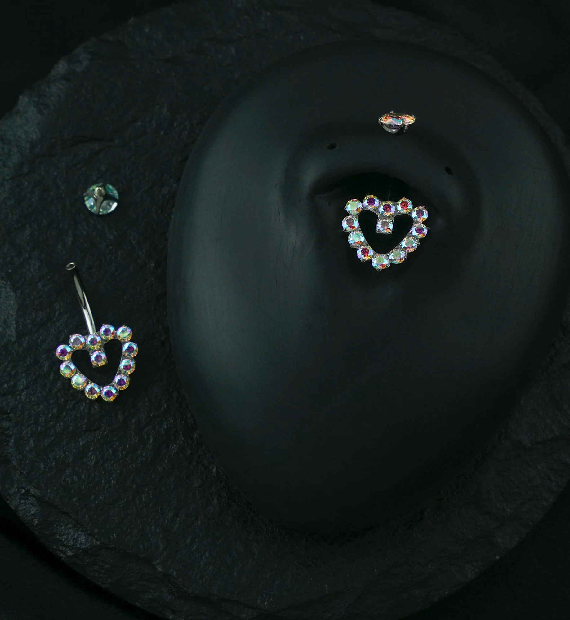 Hollow Heart Rainbow Aurora CZ Titanium Internally Threaded Belly Button Ring - Image 2