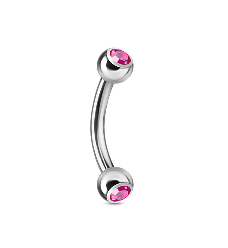 Hot Pink Double CZ Stainless Steel Curved Barbell