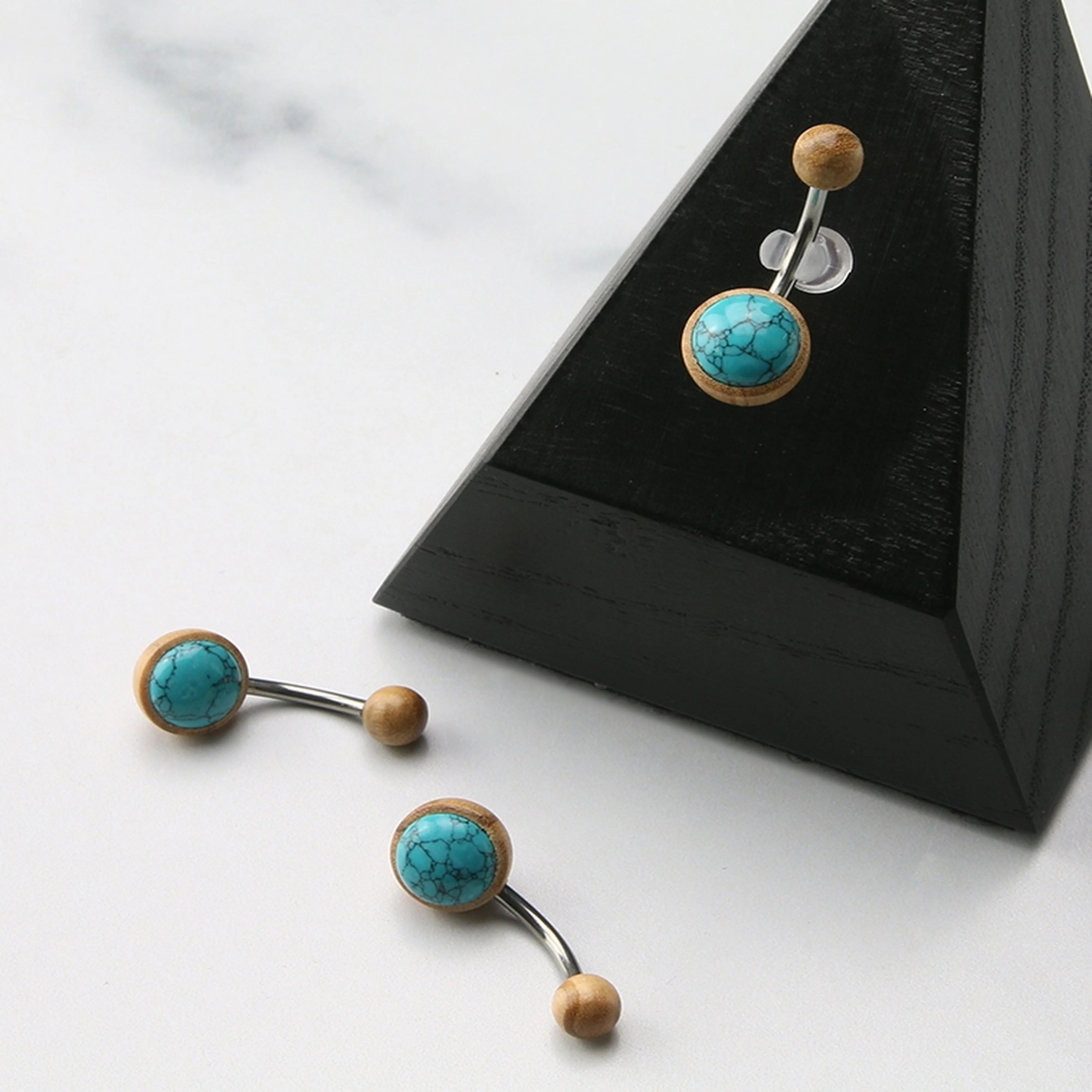 Howlite Turquoise Stone X Olive Wood Belly Button Ring - Image 2