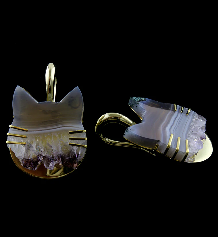 Kitty Cat Druzy Amethyst Brass Ear Weights - Image 6