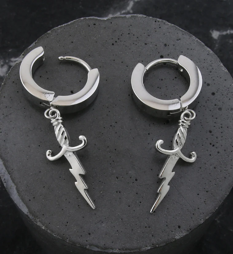 Electric Dagger Stainless Steel Hoop Huggie Earrings - Image 2