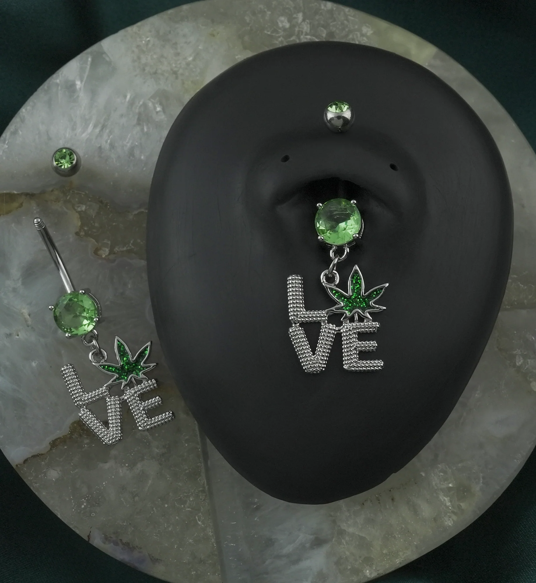Love Hemp Leaf Green CZ Stainless Steel Belly Button Ring