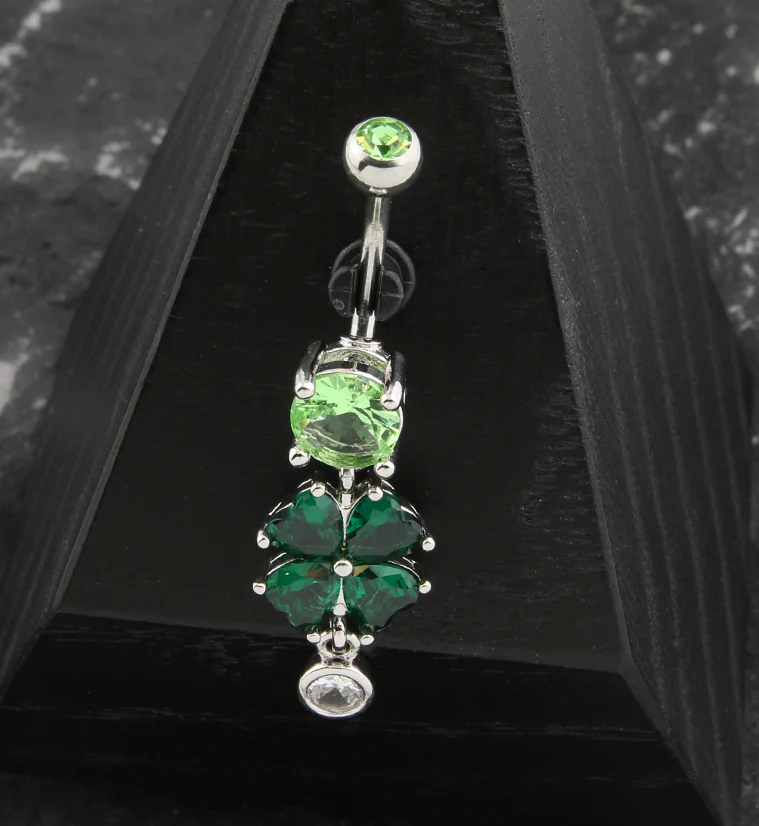 Lucky Clover Green CZ Dangle Stainless Steel Belly Button Ring - Image 2
