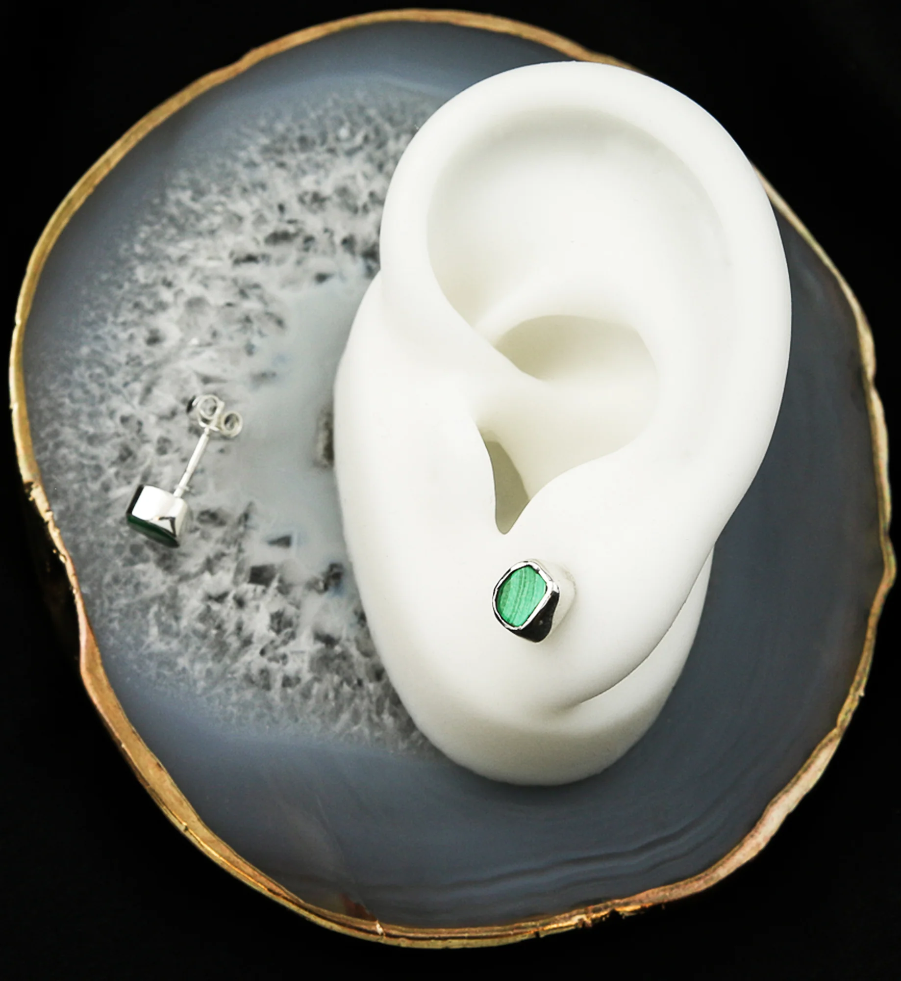 Malachite Stone Bezel Set Sterling Silver Earrings - Image 2