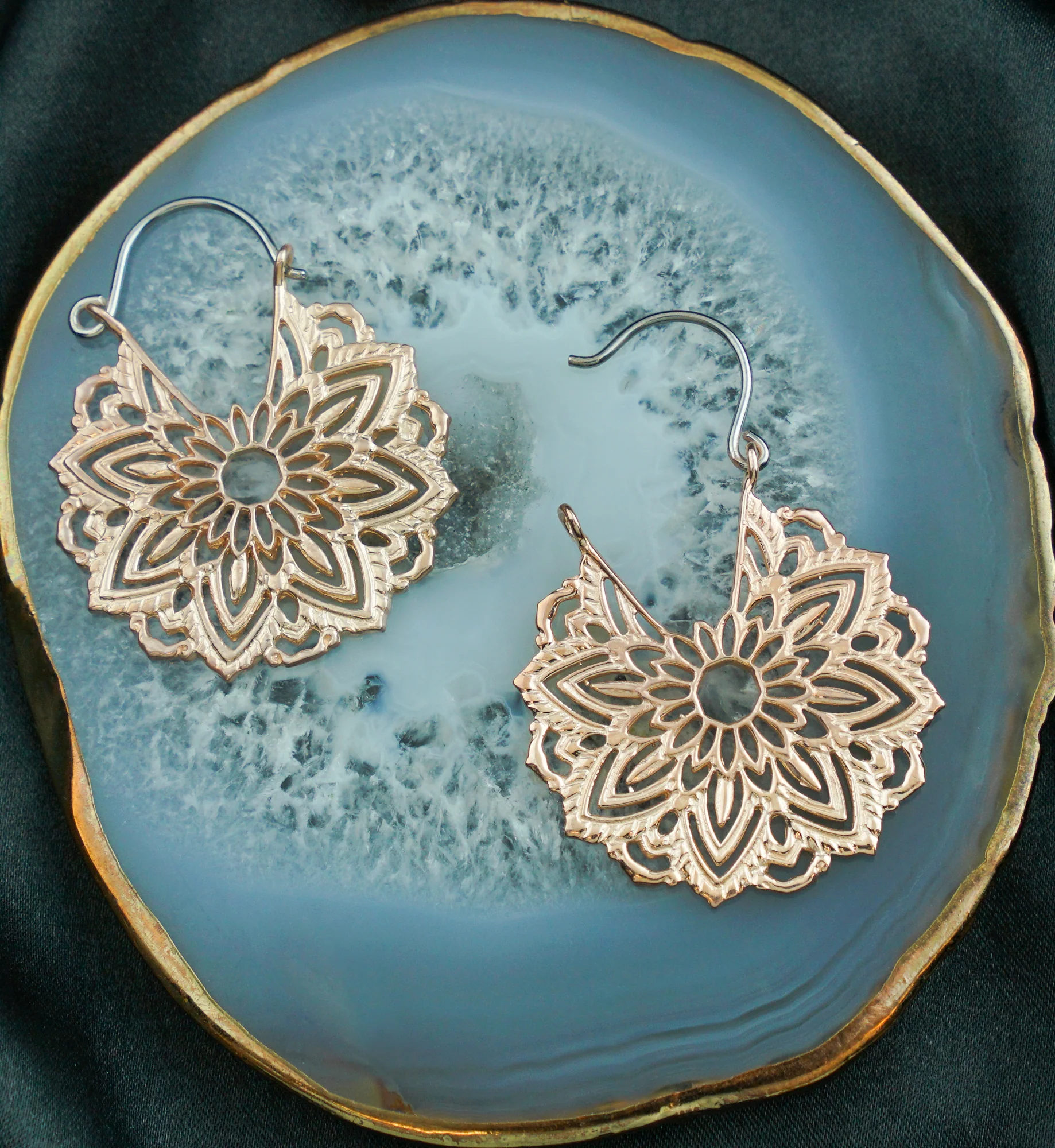 Mini Mandala Rose Gold Brass Plug Hoops - Image 2