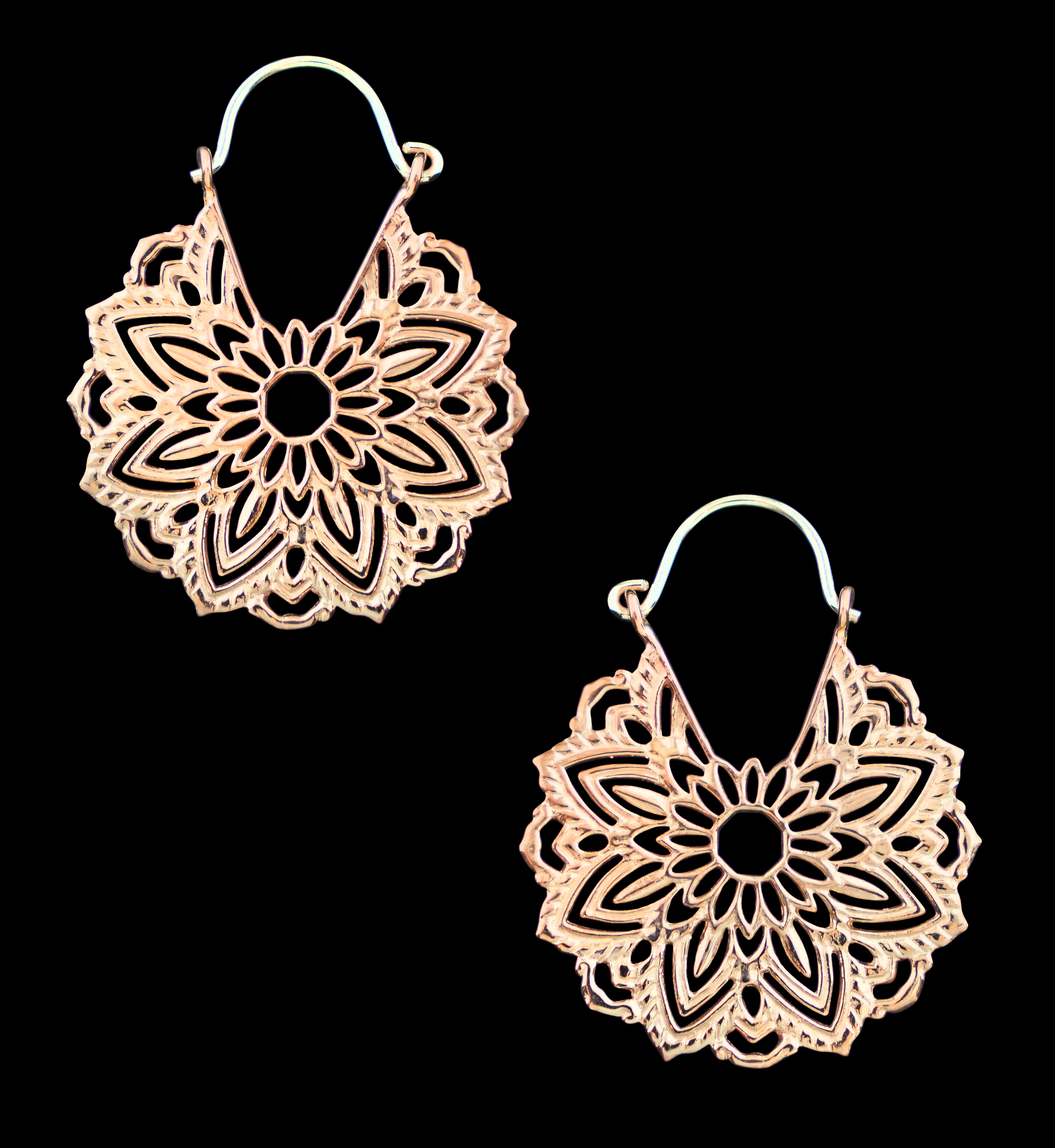 Mini Mandala Rose Gold Brass Plug Hoops - Image 3