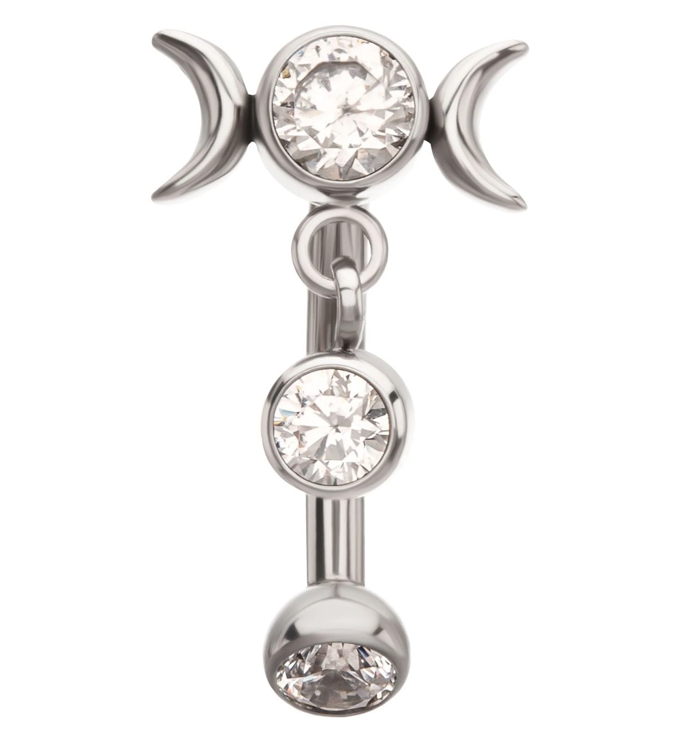 Moon Phase Floating Clear CZ Dangle Titanium Internally Threaded Curved Barbell