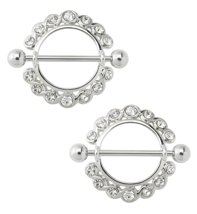 Nipple Ring CZ Diamond Gem Barbell Shield