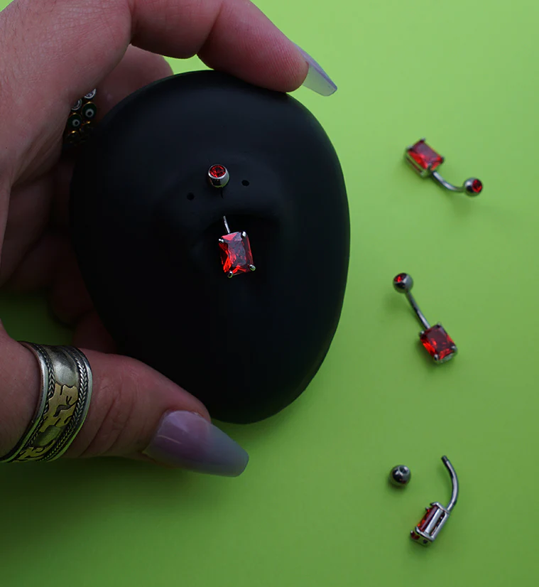 Oblong Prong Red CZ Titanium Belly Button Ring - Image 2