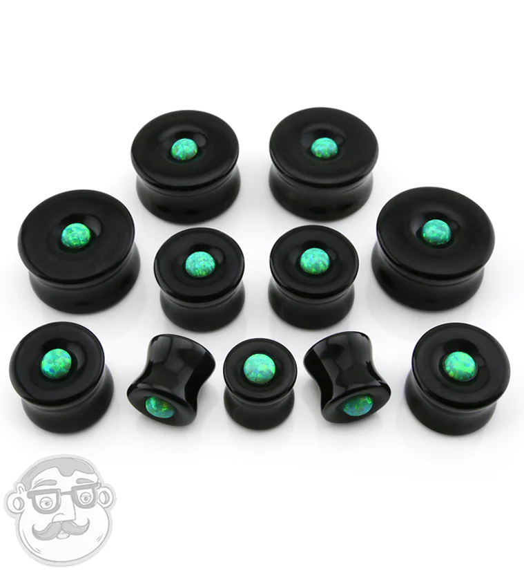 Obsidian Stone Plugs with Micro Green Opal Inlay - Image 3