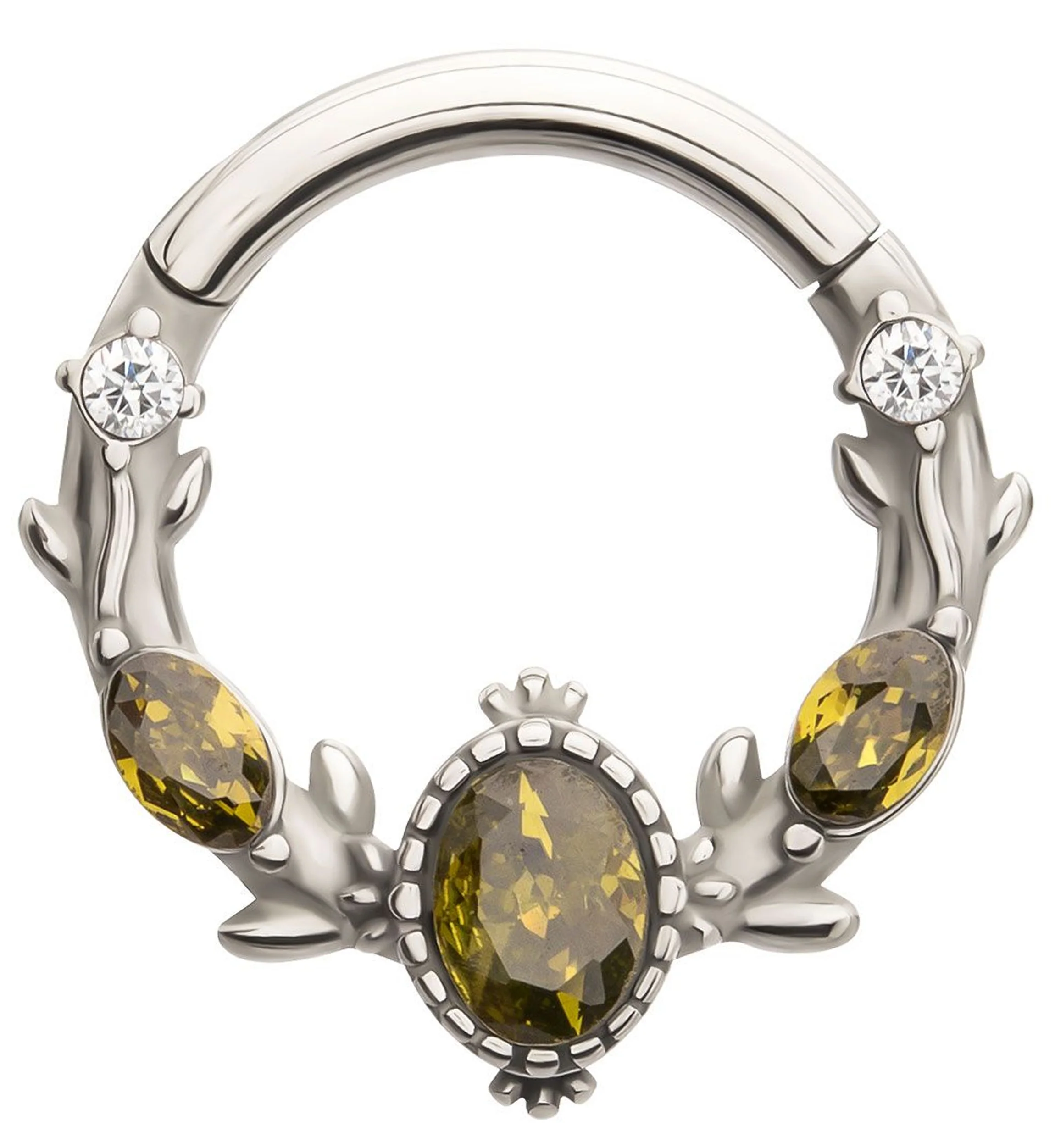Olive Green CZ Vine Stainless Steel Hinged Segment Ring