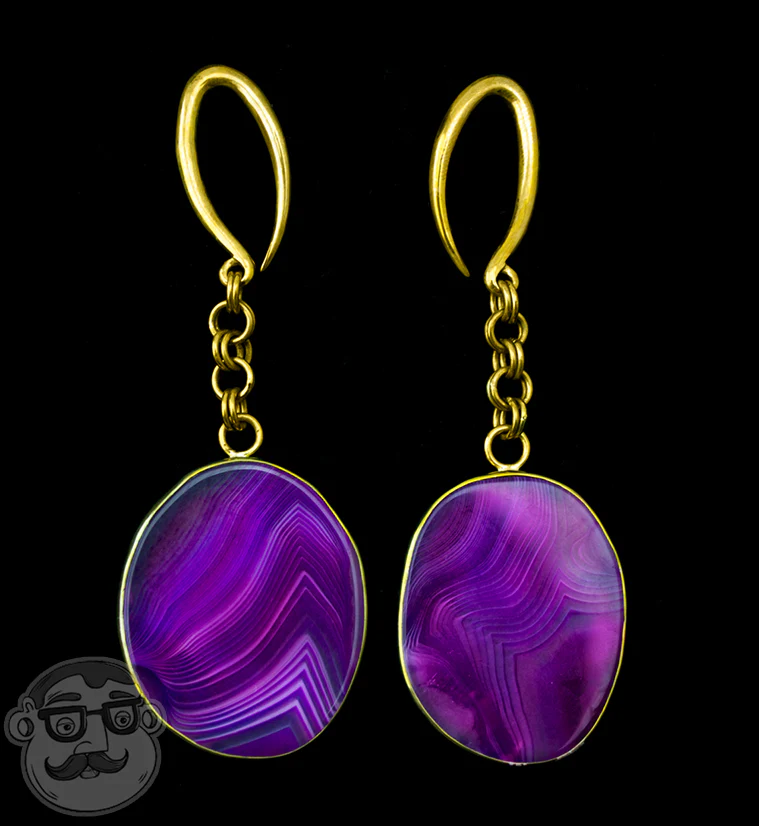 Oval Pink Line Agate Stone Brass Hangers