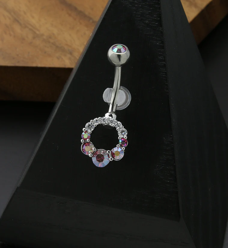 Pink Aurora CZ Circlet Stainless Steel Belly Button Ring - Image 2