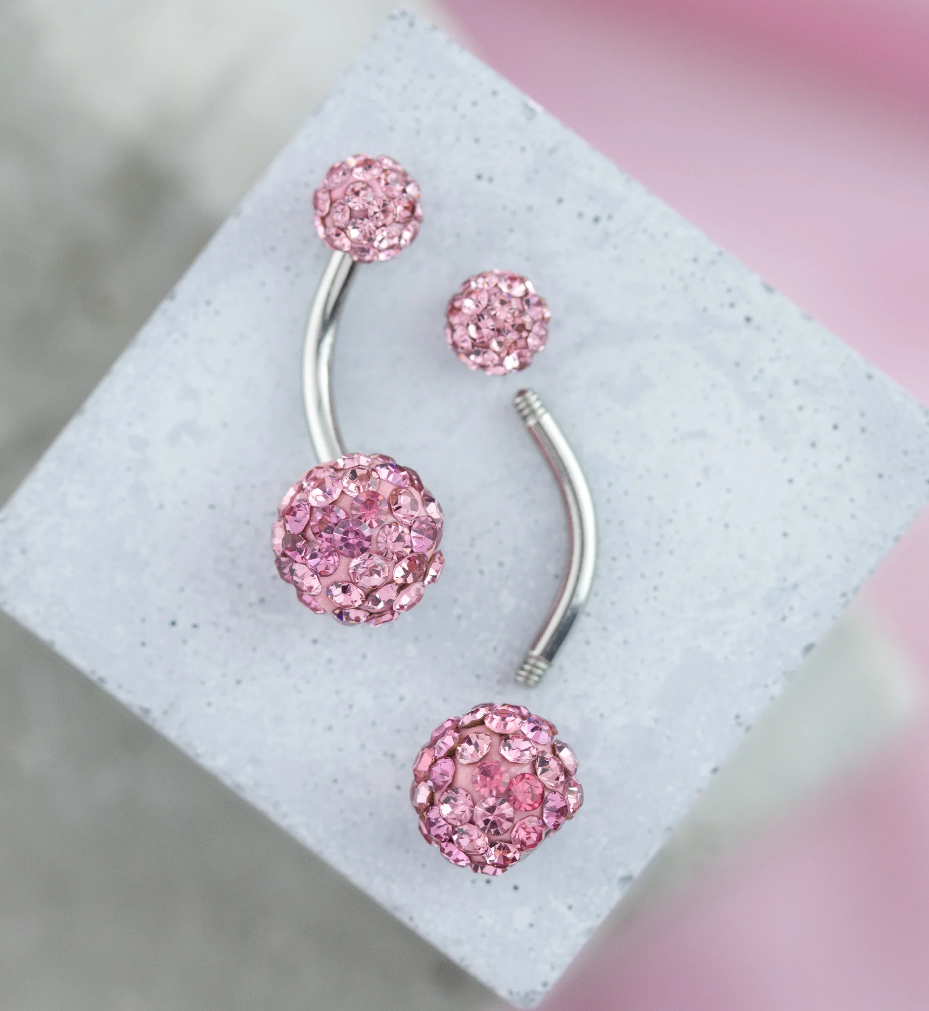 Pink Crystal Ball CZ Stainless Steel Externally Threaded Belly Button Ring - Image 2