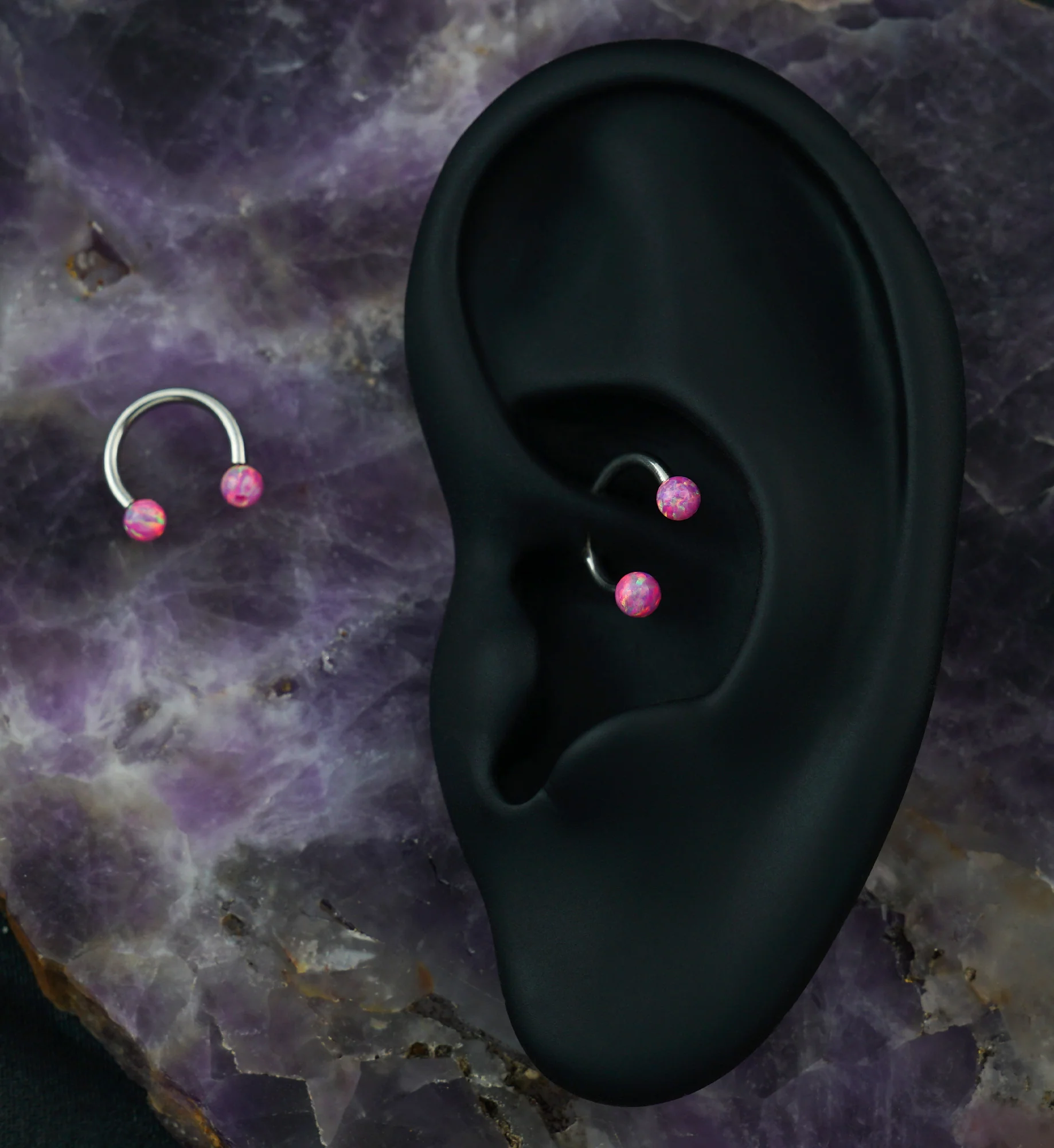 Pink Opalite Circular Stainless Steel Horseshoe Barbell - Image 3