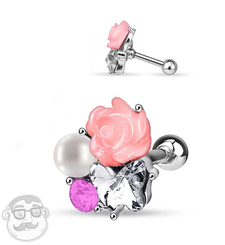 Pink Rose & Pearl Steel Tragus - Cartilage Barbell
