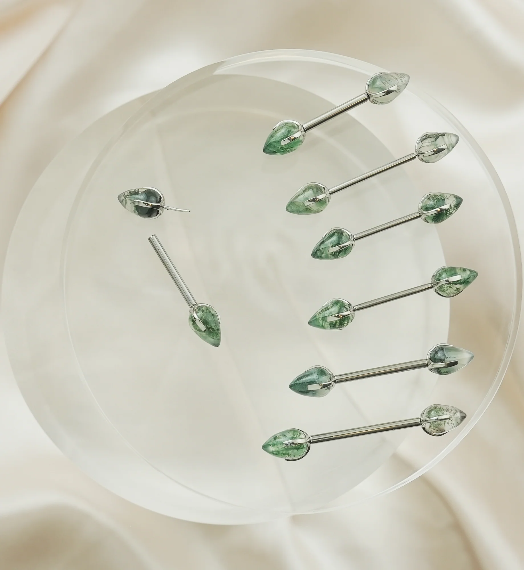 Point Moss Agate Stone Threadless Titanium Nipple Barbell - Image 3
