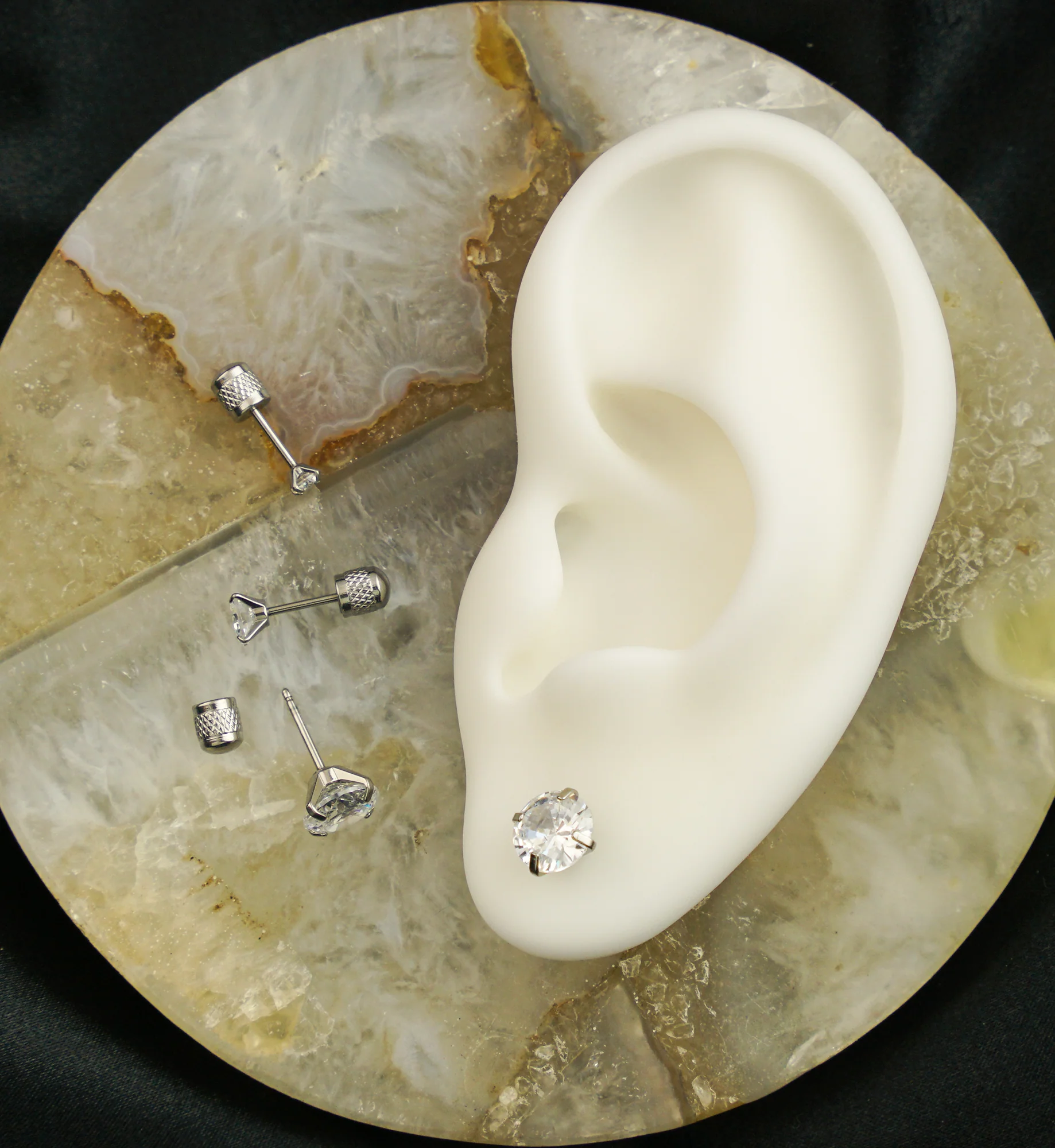 Prong Clear CZ Stainless Steel Textured Cylinder Back Stud Earrings - Image 2