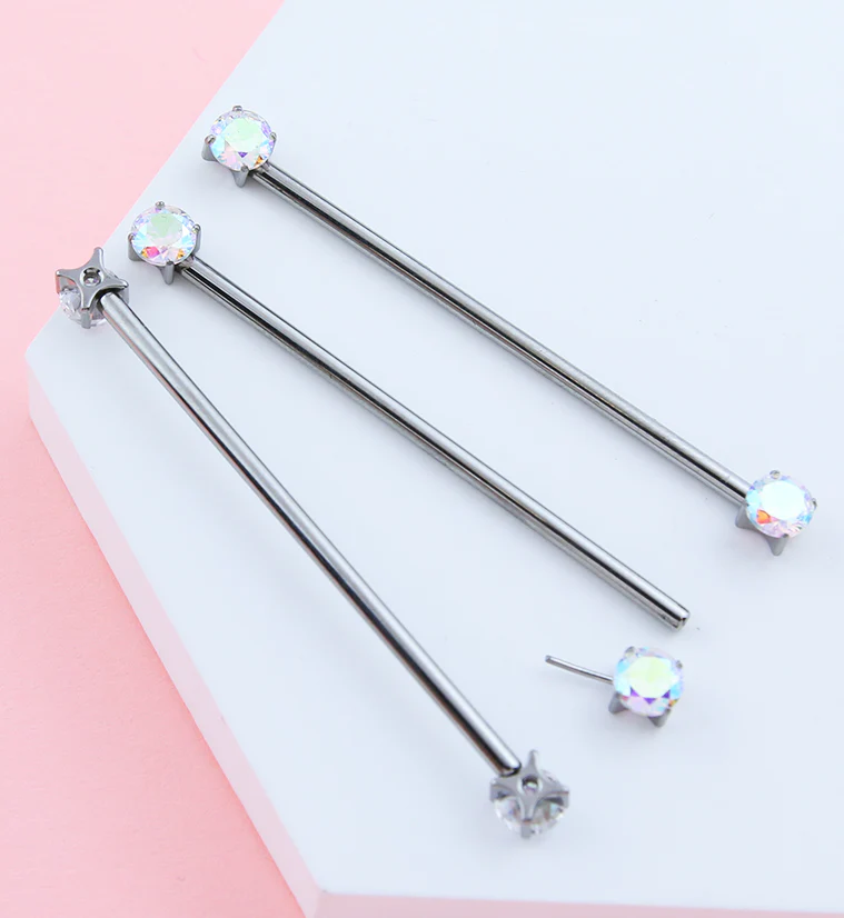 Prong Rainbow Aurora CZ Threadless Titanium Industrial Barbell - Image 2