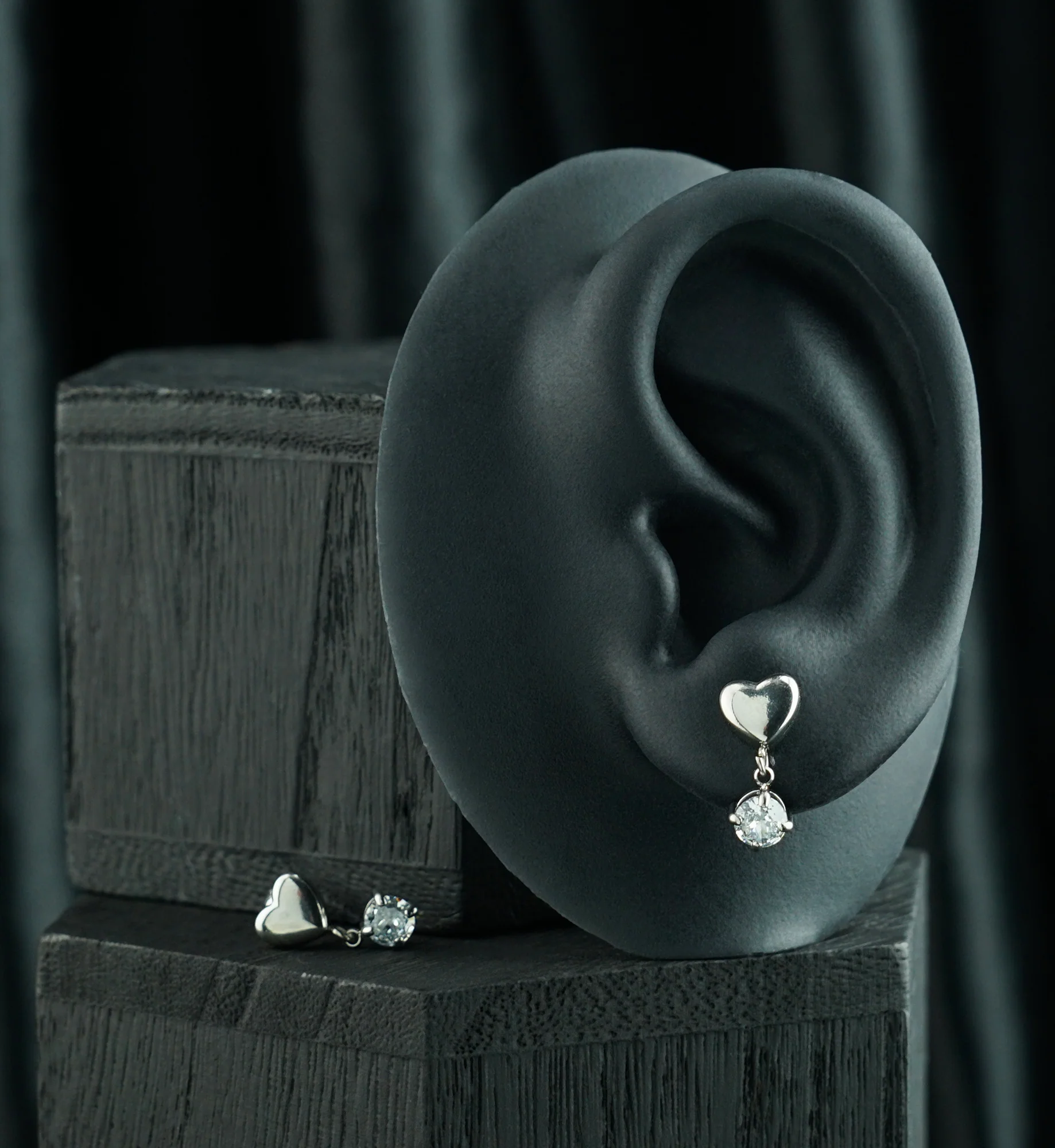 Puff Heart CZ Dangle Stainless Steel Stud Earrings - Image 2