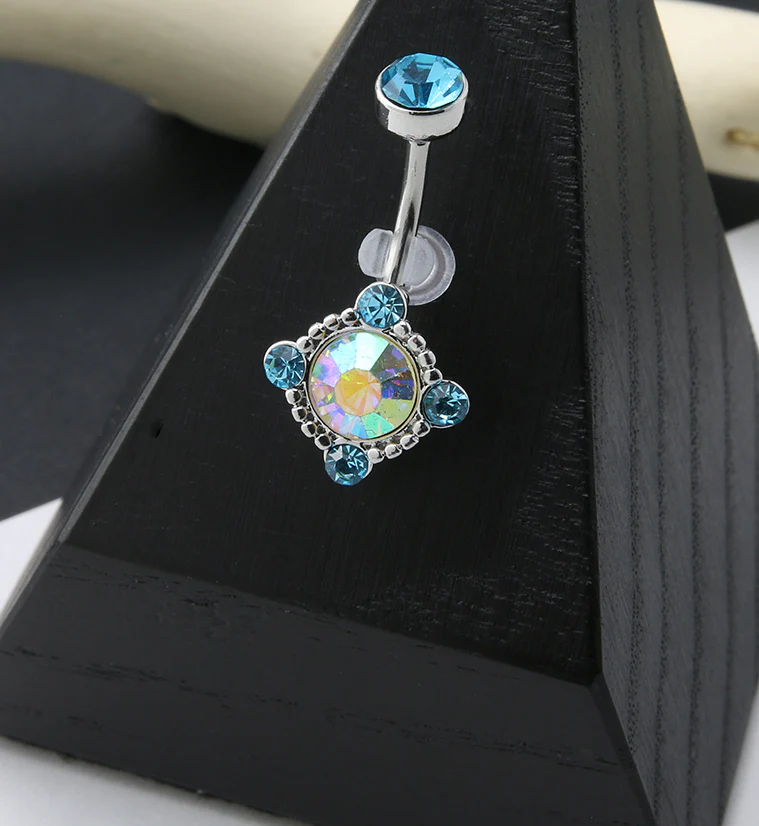 Rainbow Aurora and Aqua CZ Noble Belly Button Ring - Image 2