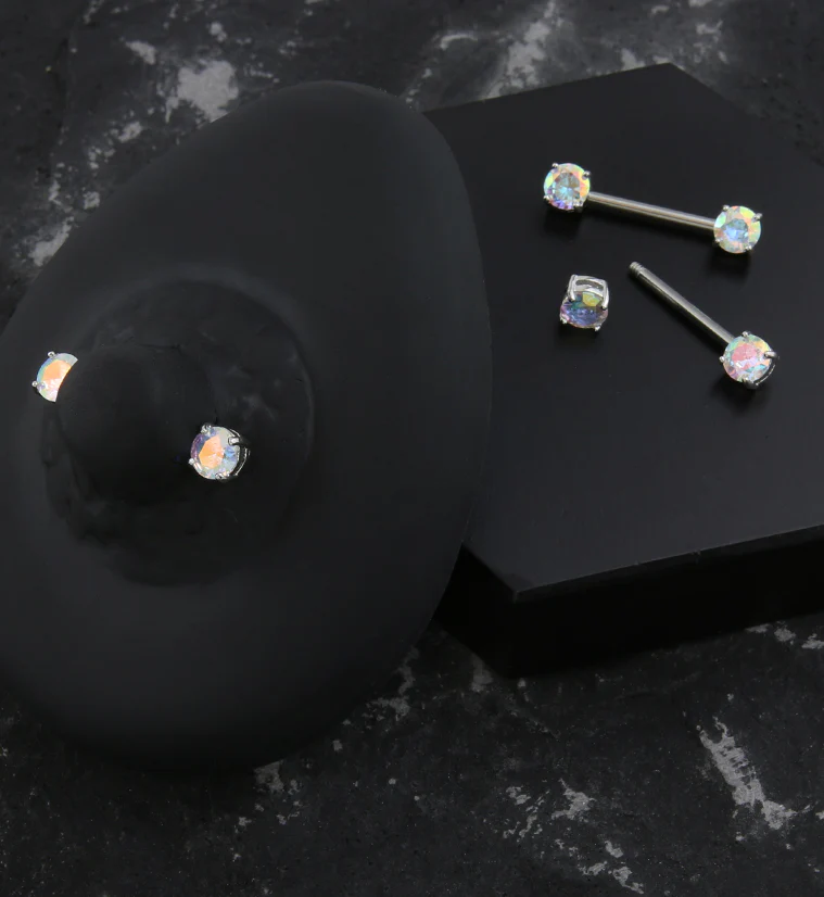 Rainbow Aurora Prong CZ Stainless Steel Nipple Barbell - Image 2