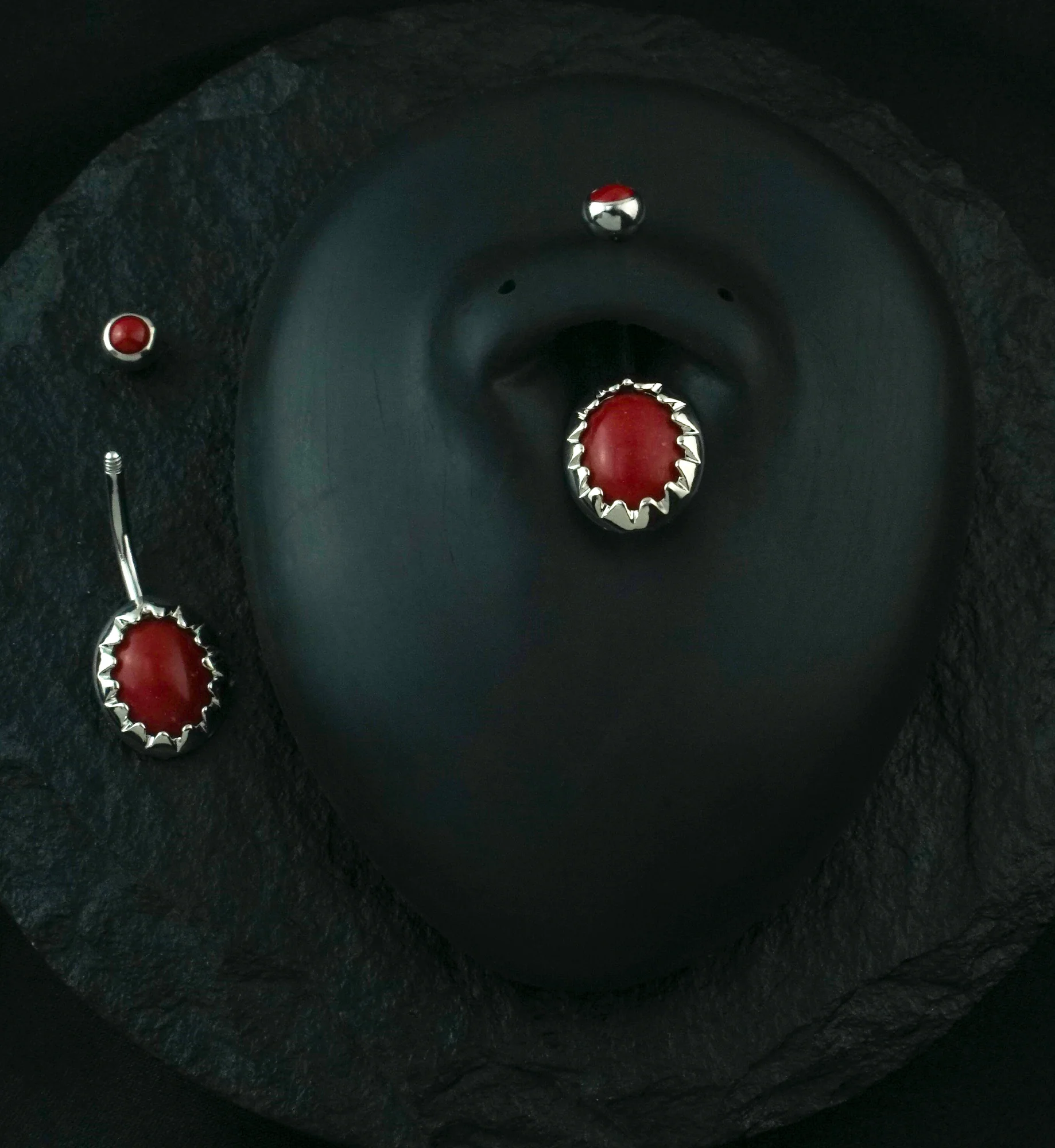 Red Coral Cabochon Stone Stainless Steel Belly Button Ring