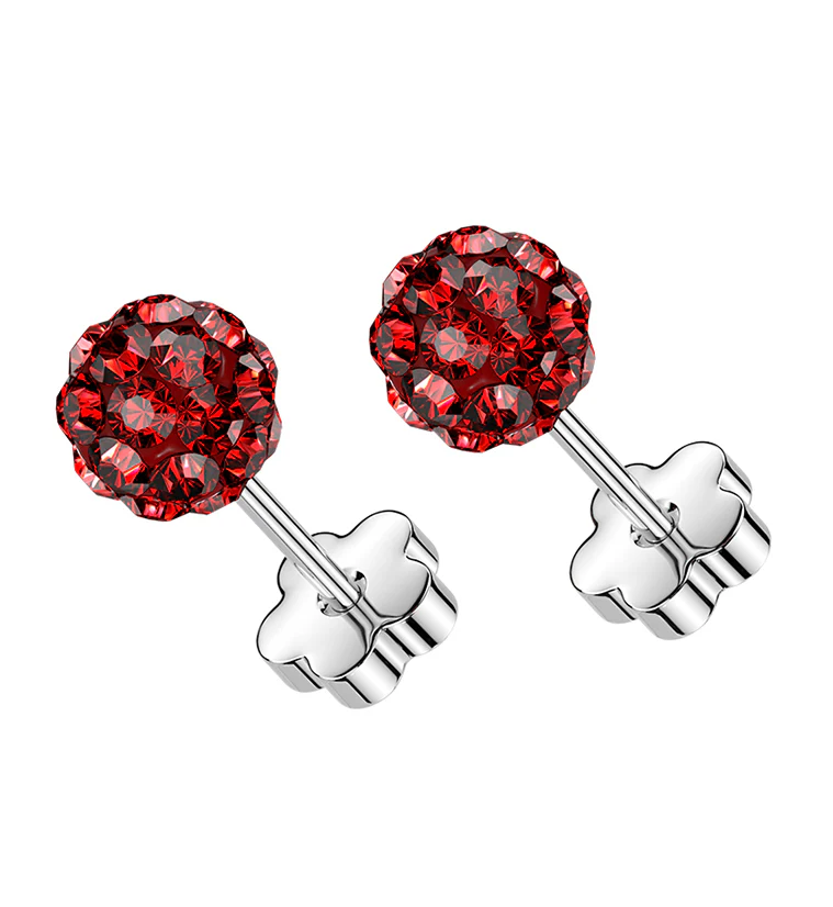 Red Glitterball Stainless Steel Flower Back Stud Earrings