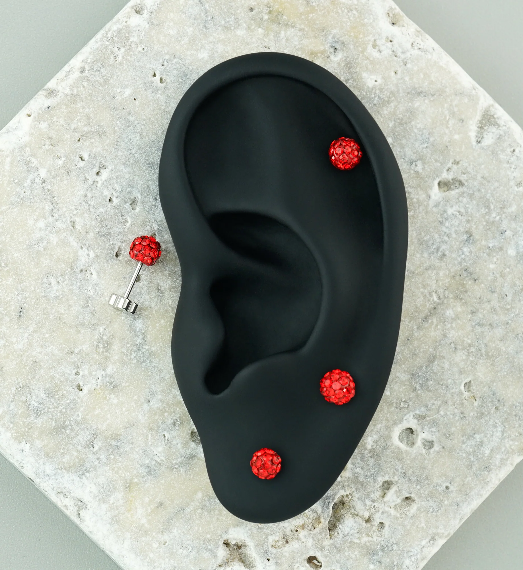 Red Glitterball Stainless Steel Flower Back Stud Earrings - Image 2