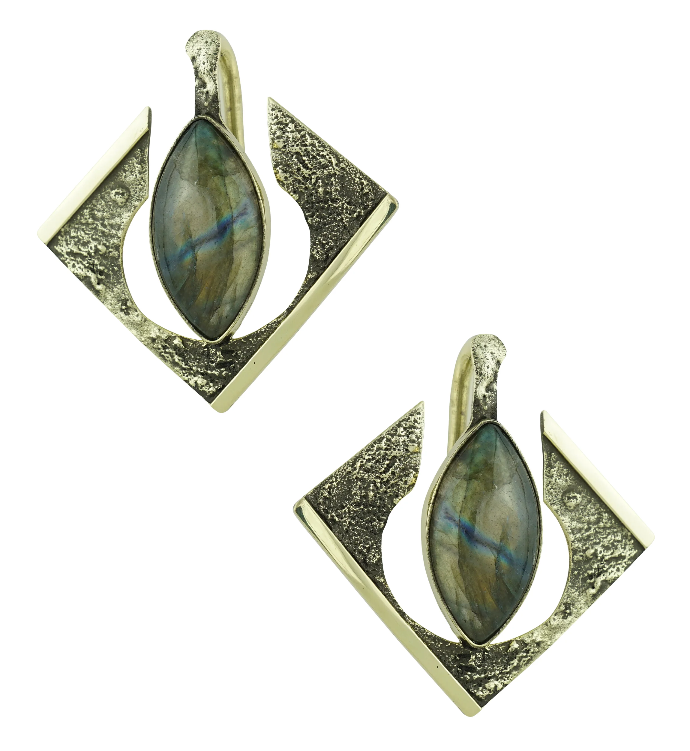 Rhombus Hammered Ellipse Labradorite Stone Inlay Brass Ear Weights