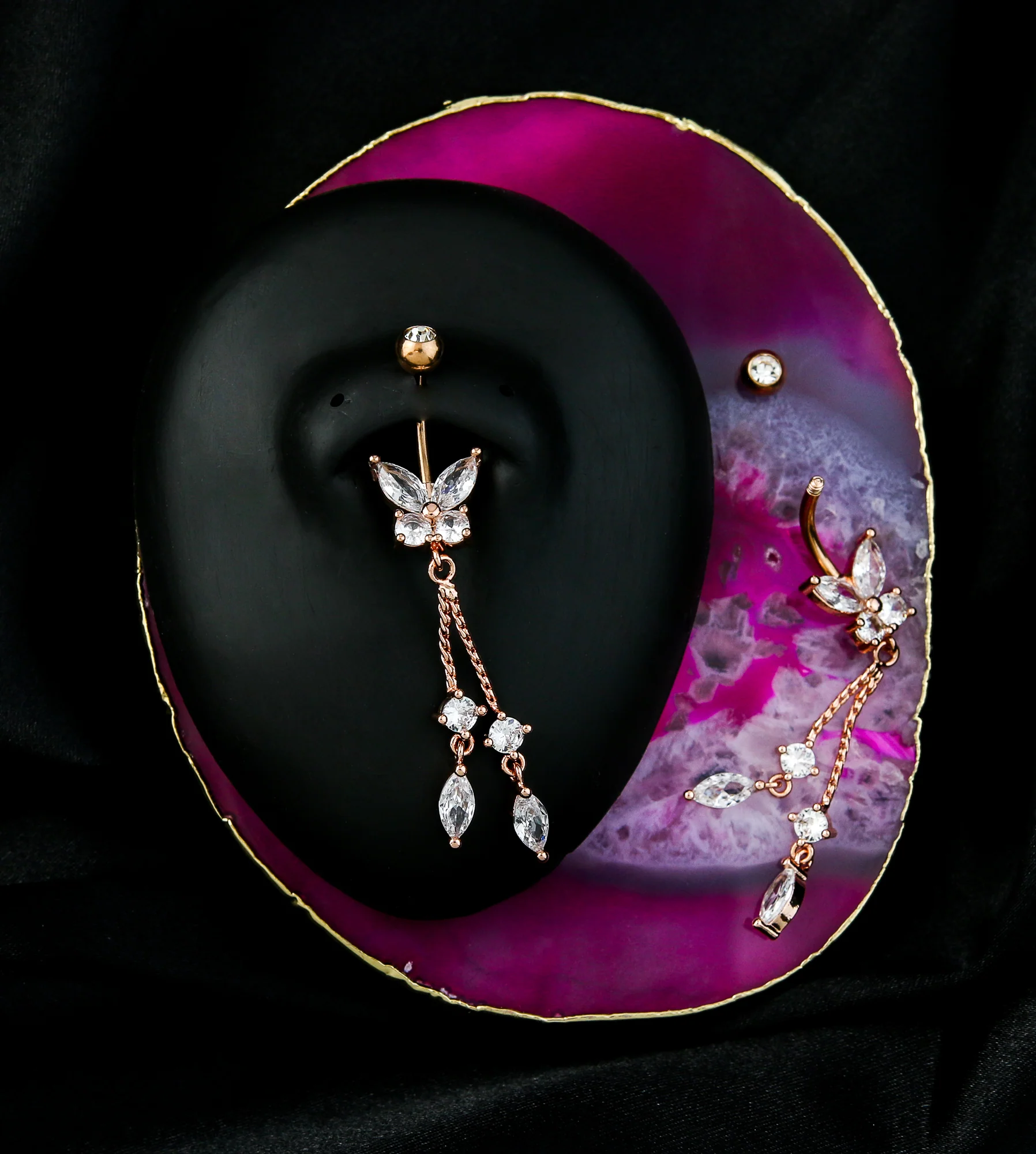Rose Gold PVD Flying Marquise Butterfly Clear CZ Dangle Stainless Steel Belly Button Ring - Image 2