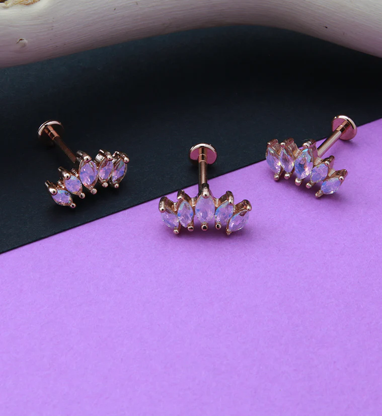 Rose Gold PVD Half Crown Aura CZ Gem Labret Post - Image 3