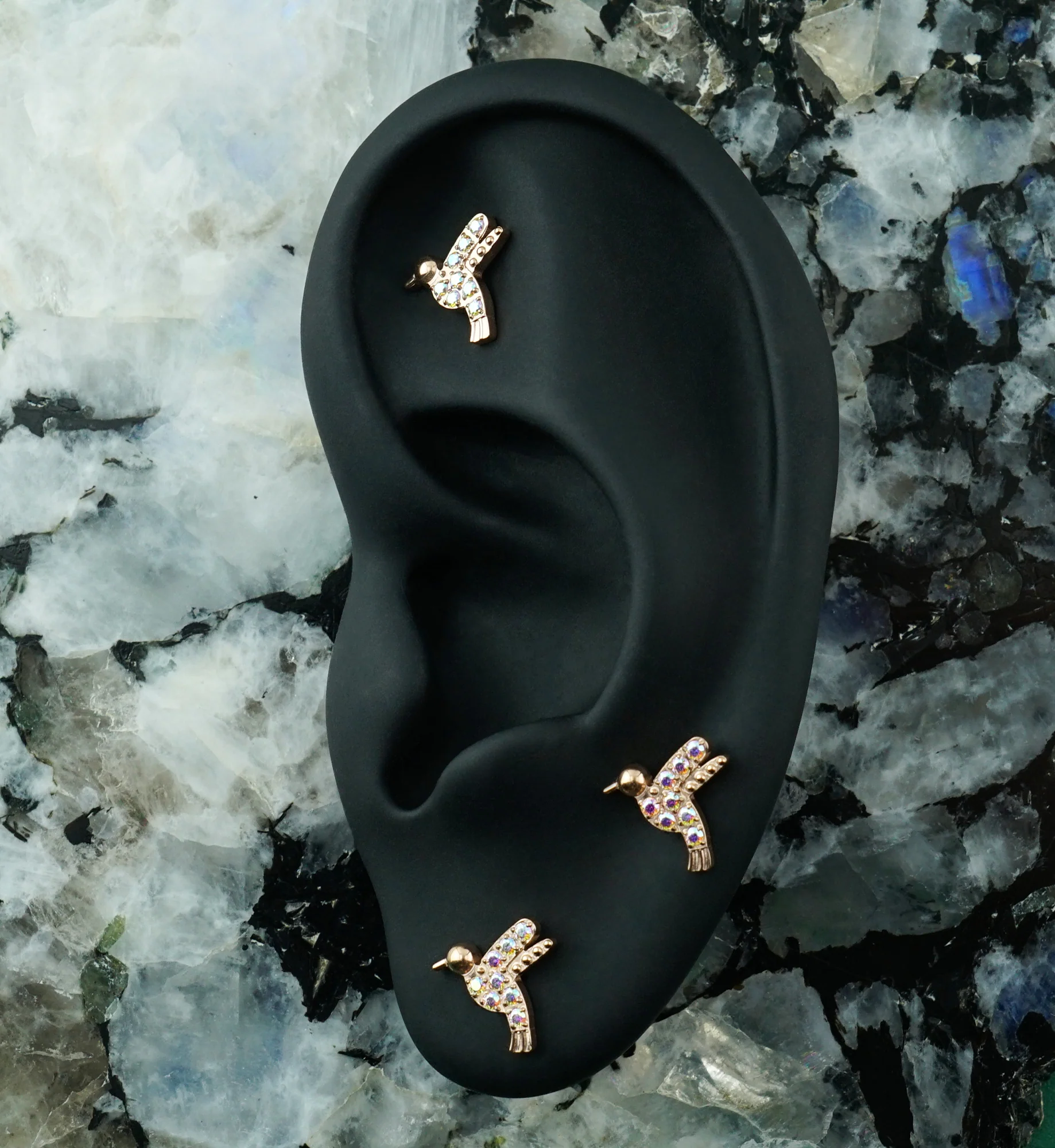 Rose Gold PVD Hummingbird Rainbow Aurora CZ Titanium Threadless Top - Image 2