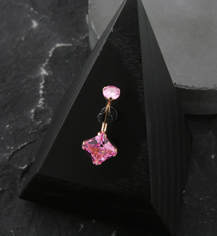 Rose Gold PVD Square Pink CZ Internally Threaded Titanium Belly Button Ring - Image 3