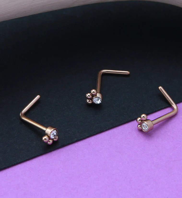 Rose Gold PVD Triple Beaded Clear CZ L Bend Nose Stud - Image 2