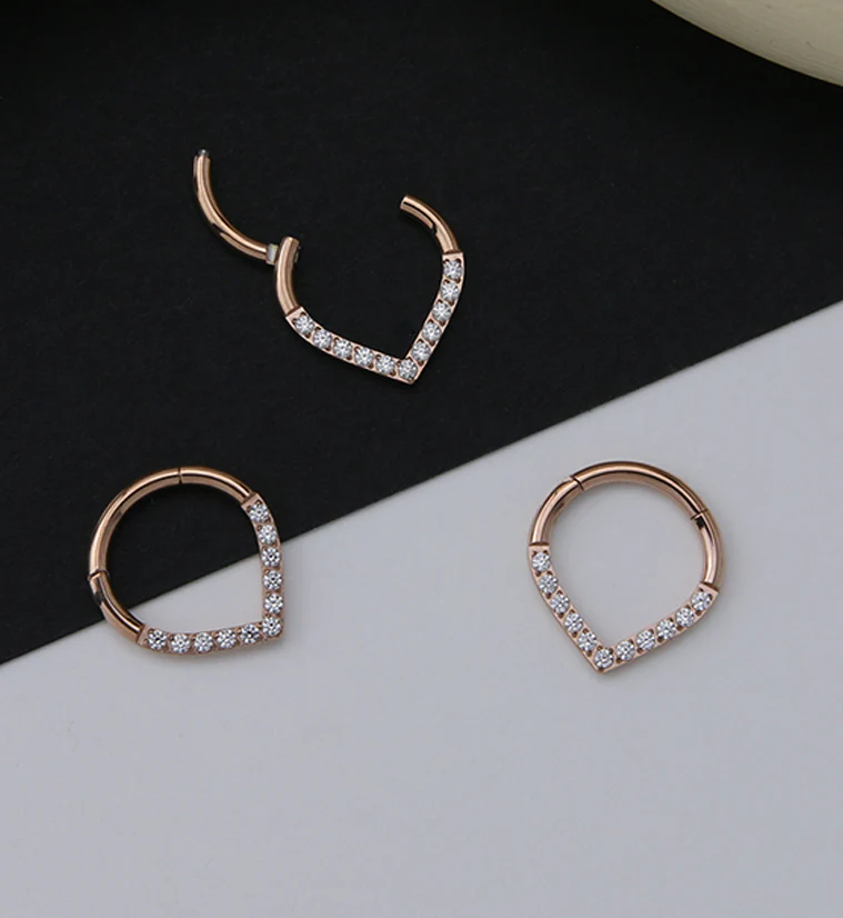 Rose Gold PVD V-Shaped CZ Titanium Hinged Segment Ring - Image 2
